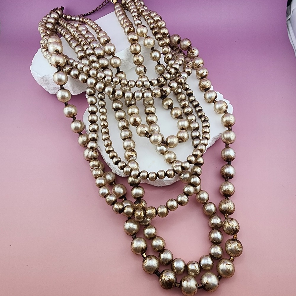 Zombie Bride Faux Pearl Multi Strand Necklace Distressed Gold Gothic Jewelry